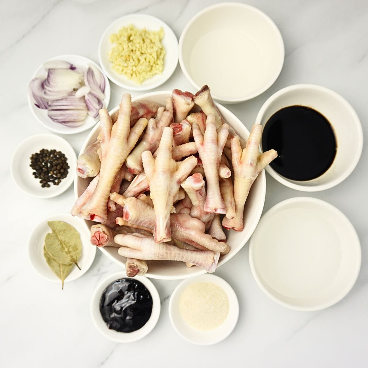 Bowl of chicken feet, soy sauce, vinegar, water, oyster sauce, sugar, garlic, onion, black pepper and laurel leaves.