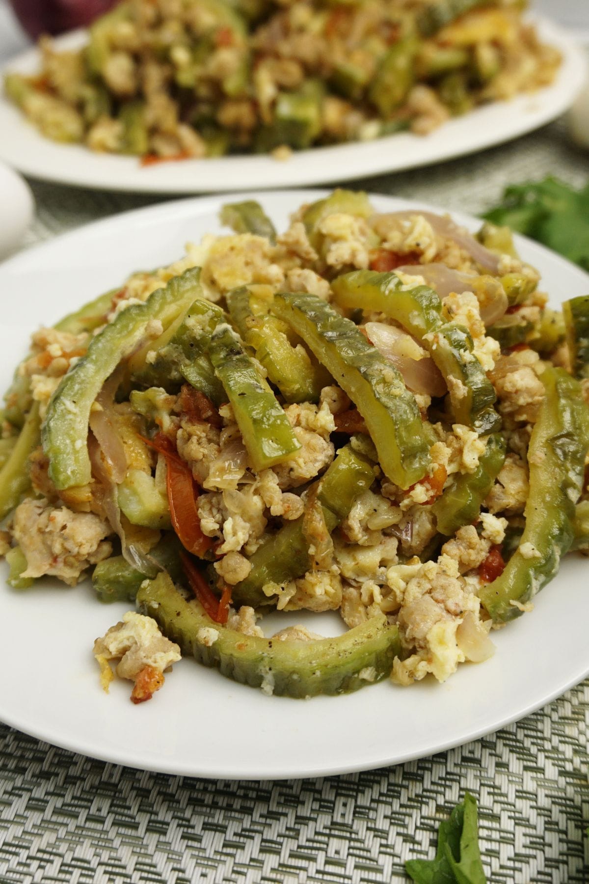 Sauteed bitter guard with ground pork and egg.
