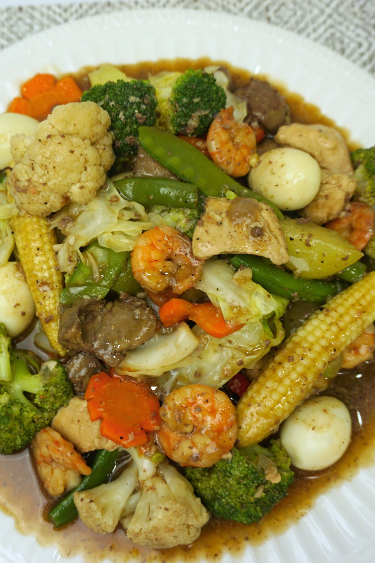 Colorful chopseuy serving in a white plate