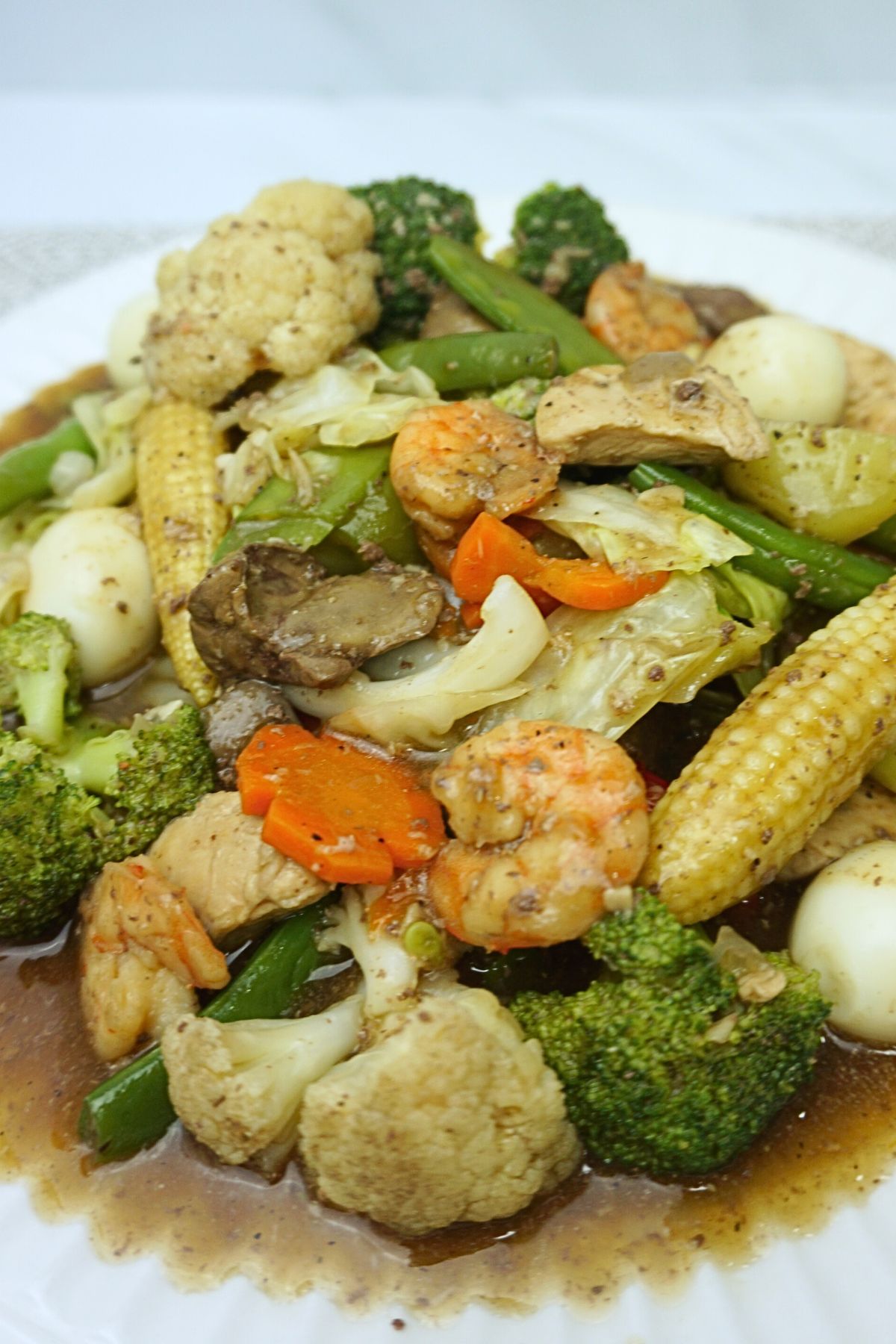 Chopseuy serving in a white plate.