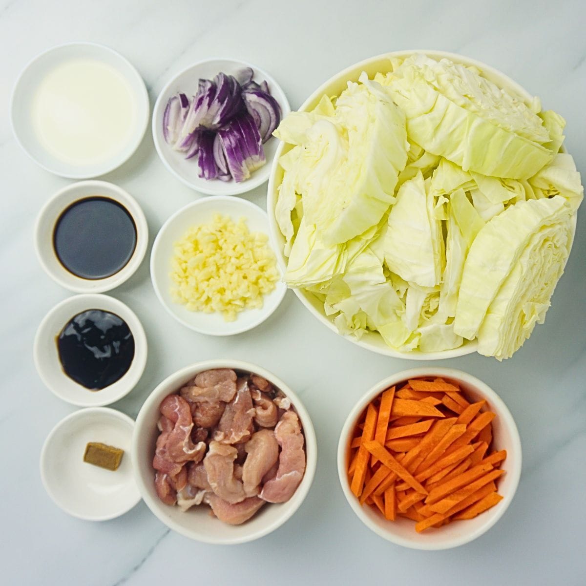 Sauteed cabbage and carrots ingredients in bowls. Cabbage, carrots, sliced pork, onion, garlic, cooking oil, soy sauce and oyster sauce.