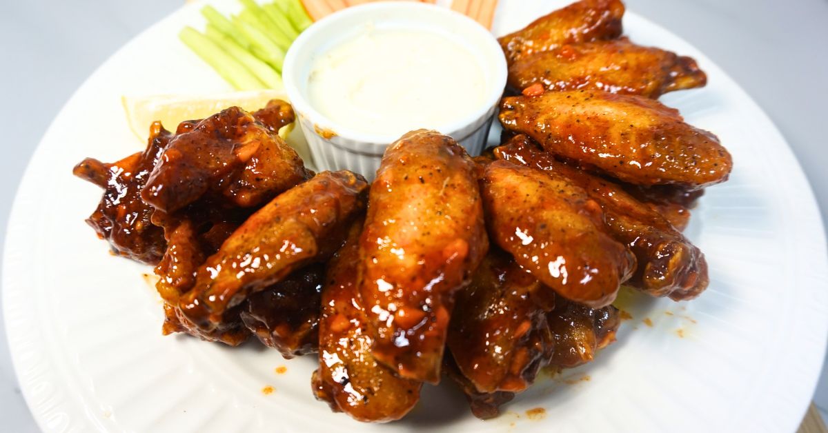 Buffalo wings in a plate with blue cheese dressing.