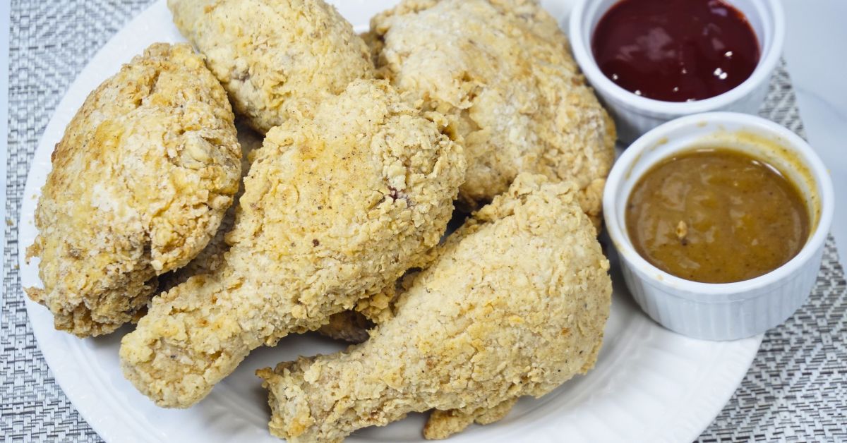 Crispy fried chickens with dipping sauce on the side.