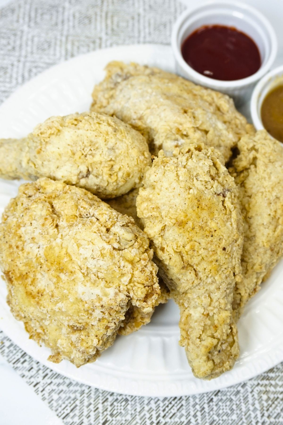 Chicken slices coated in egg, flour cornstarch and seasonings.