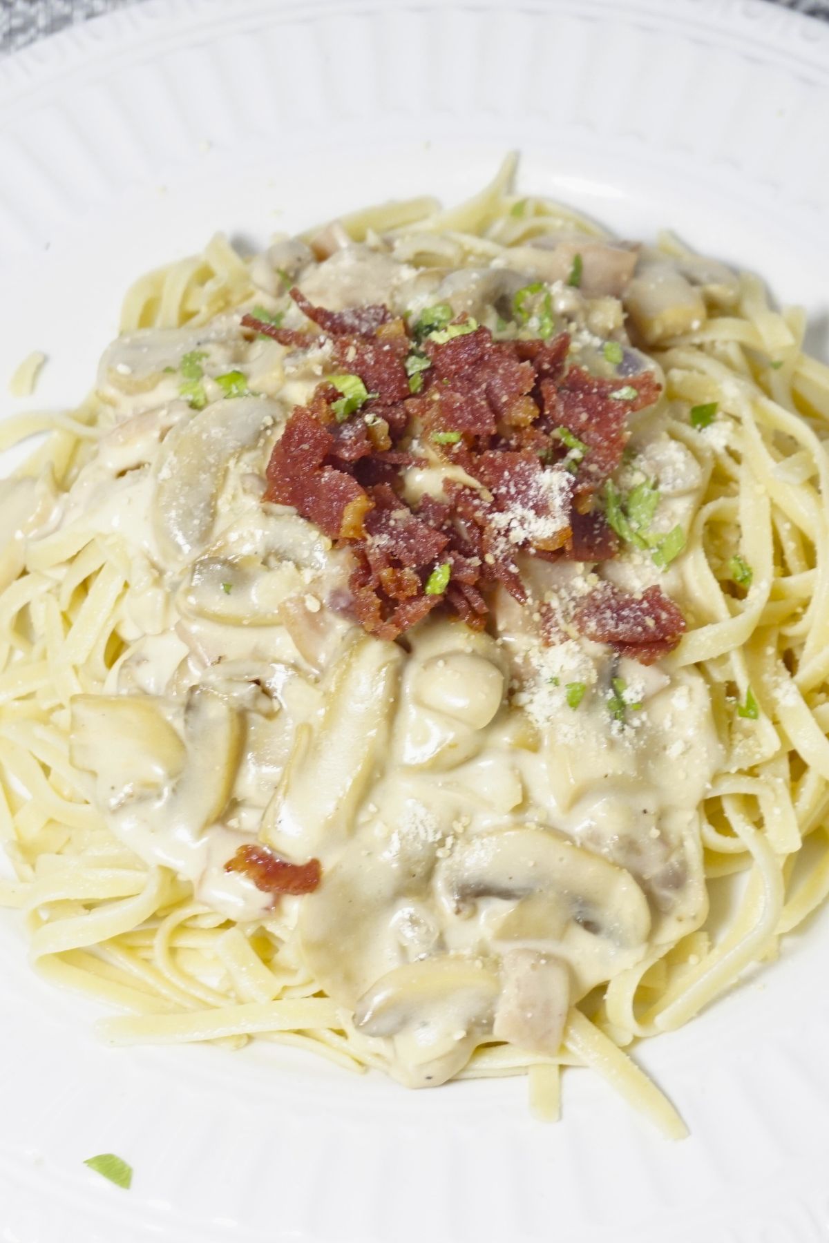 Pasta with white sauce and bacon bits on top.