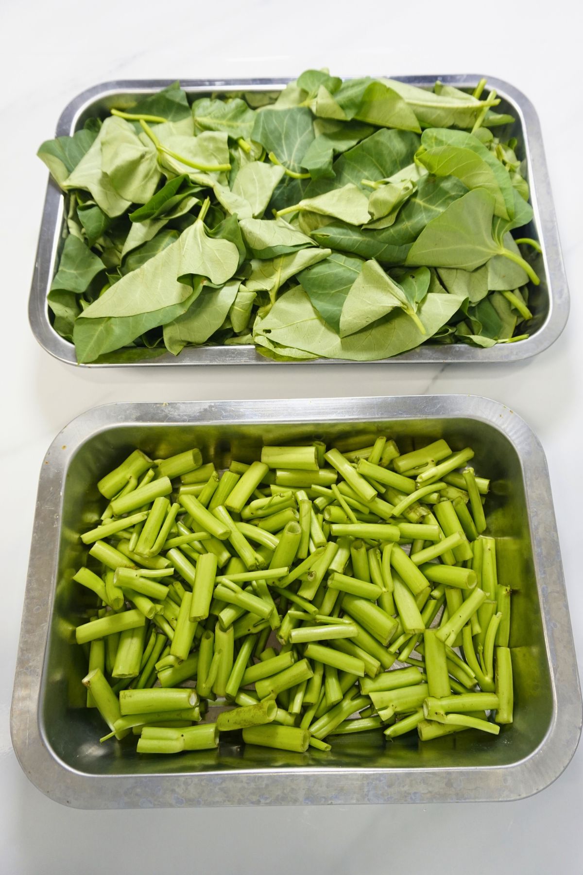 Kangkong leaves and stems in a stainless tray.