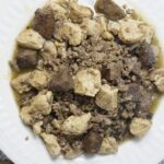 Top view of a plate of Kapampangan pork kilayin.