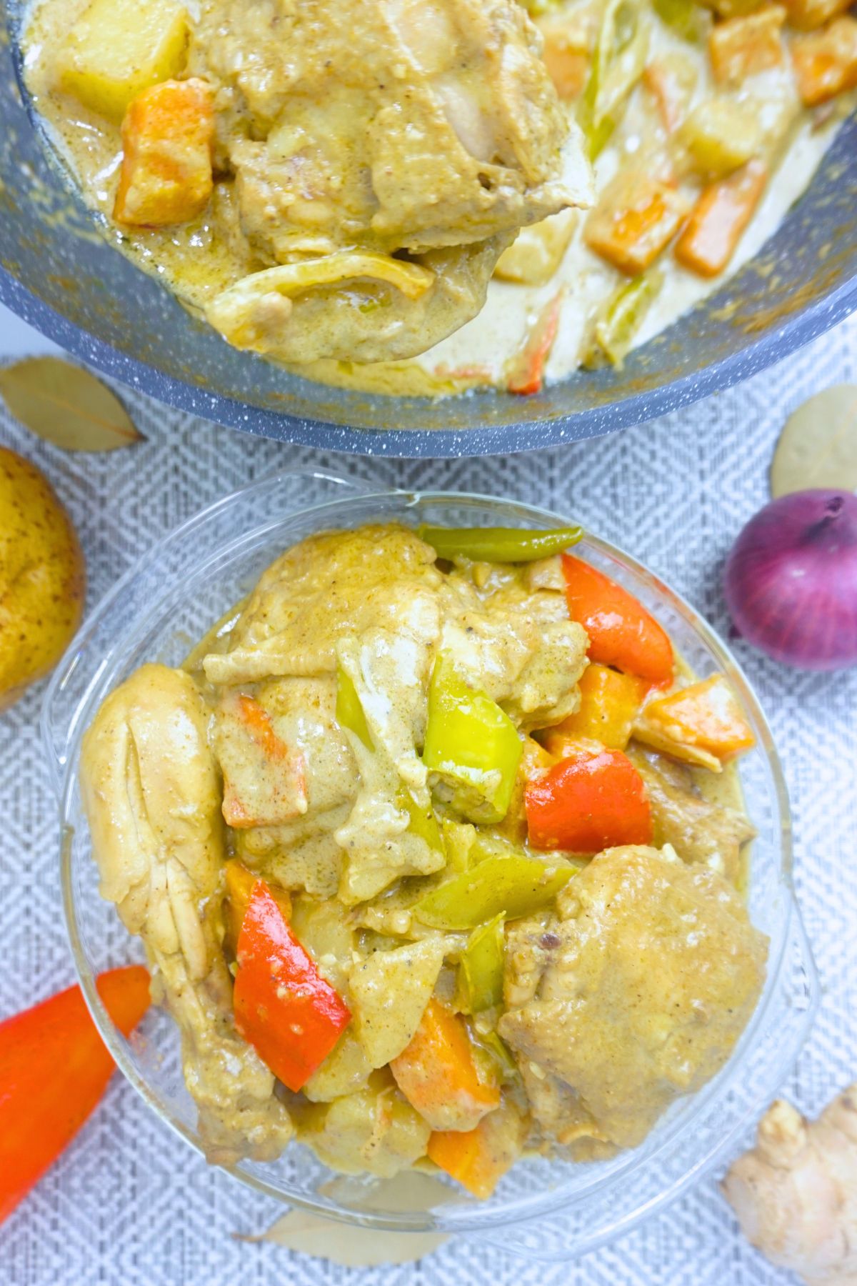 Chicken curry serving in a glass bowl