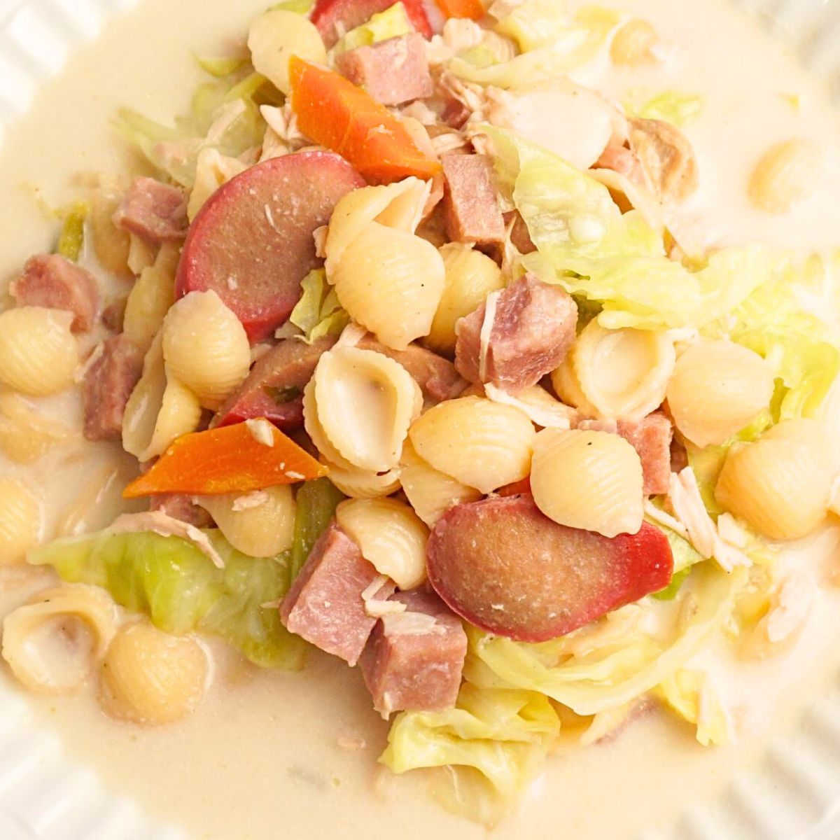 Creamy chicken sopas closeup overhead shot