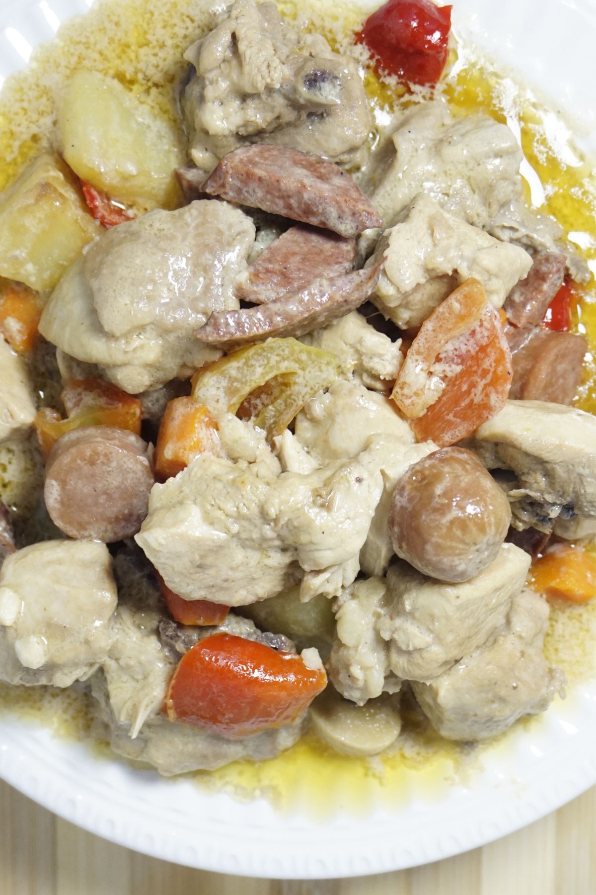 Chicken pastel serving in a white plate