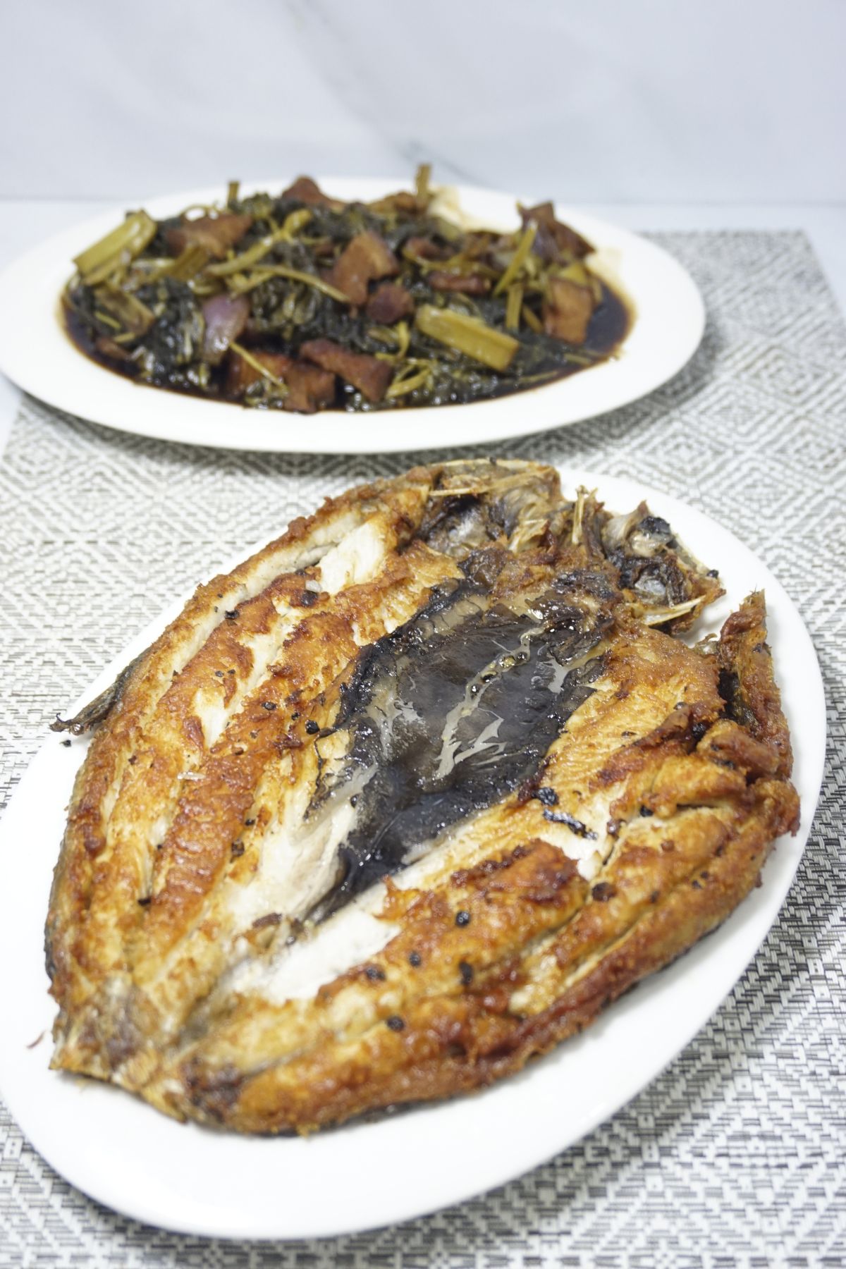 Daing na bangus served with Adobong kangkong