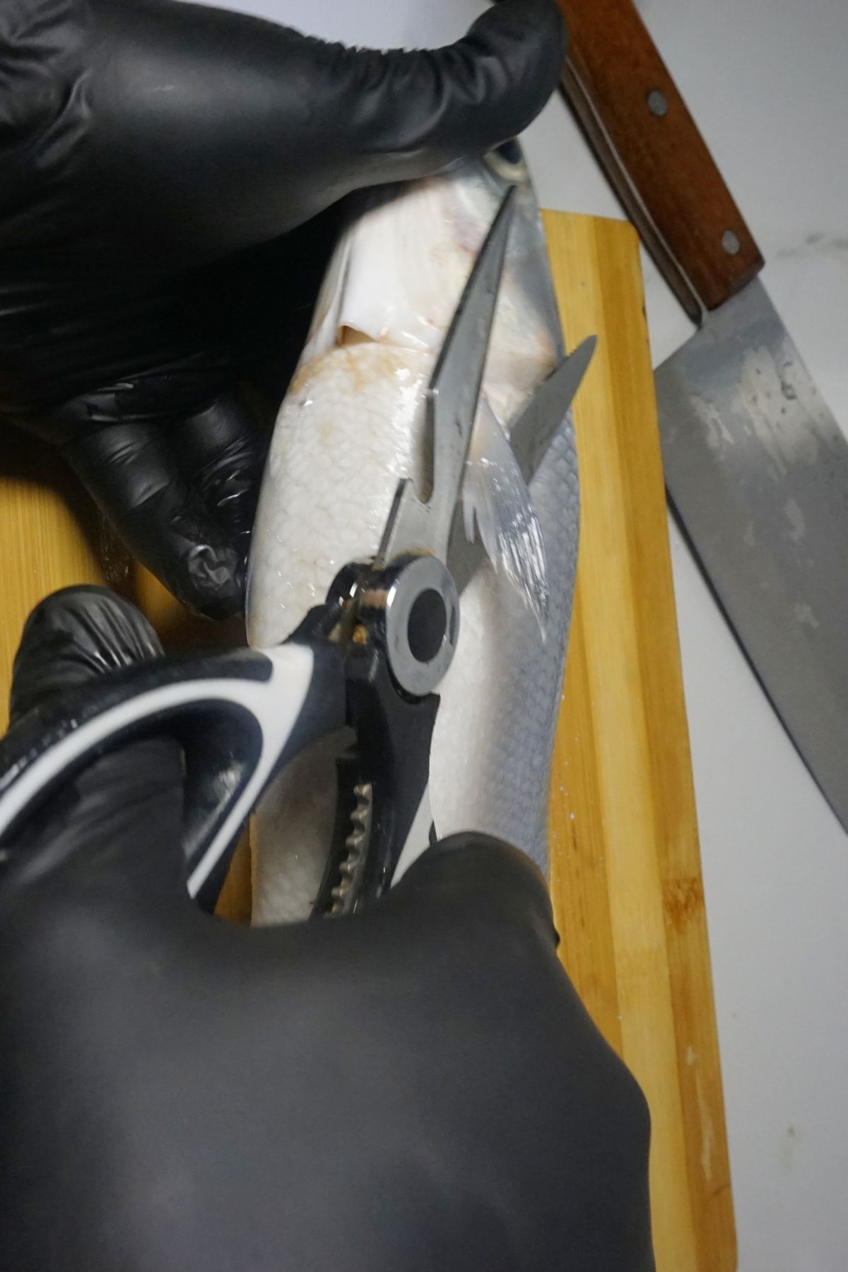 Kitchen knife trimming side and top fins from bangus on a clean cutting board