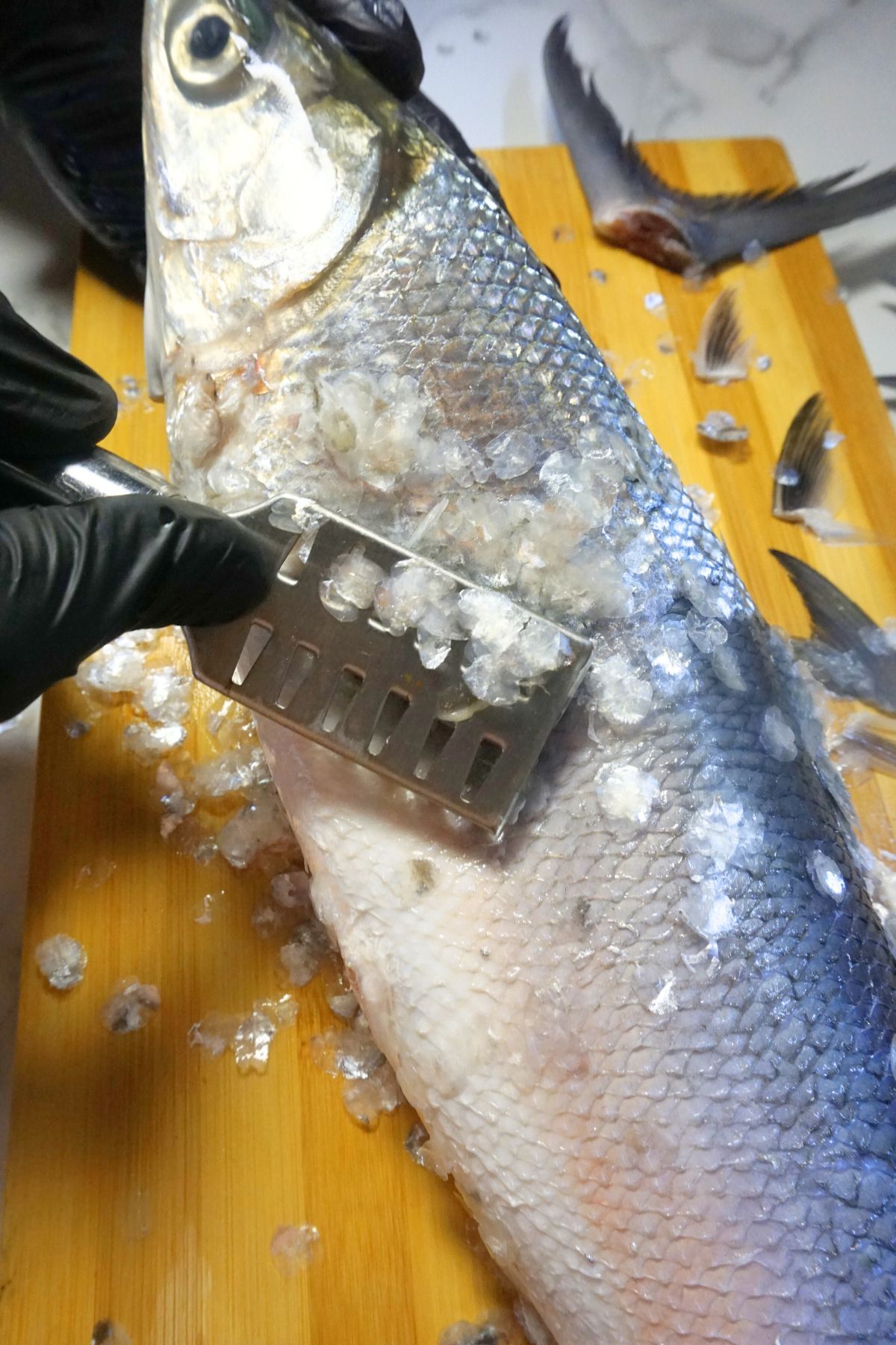 Hand using a fish scaler to scrape scales from bangus on a wooden cutting board