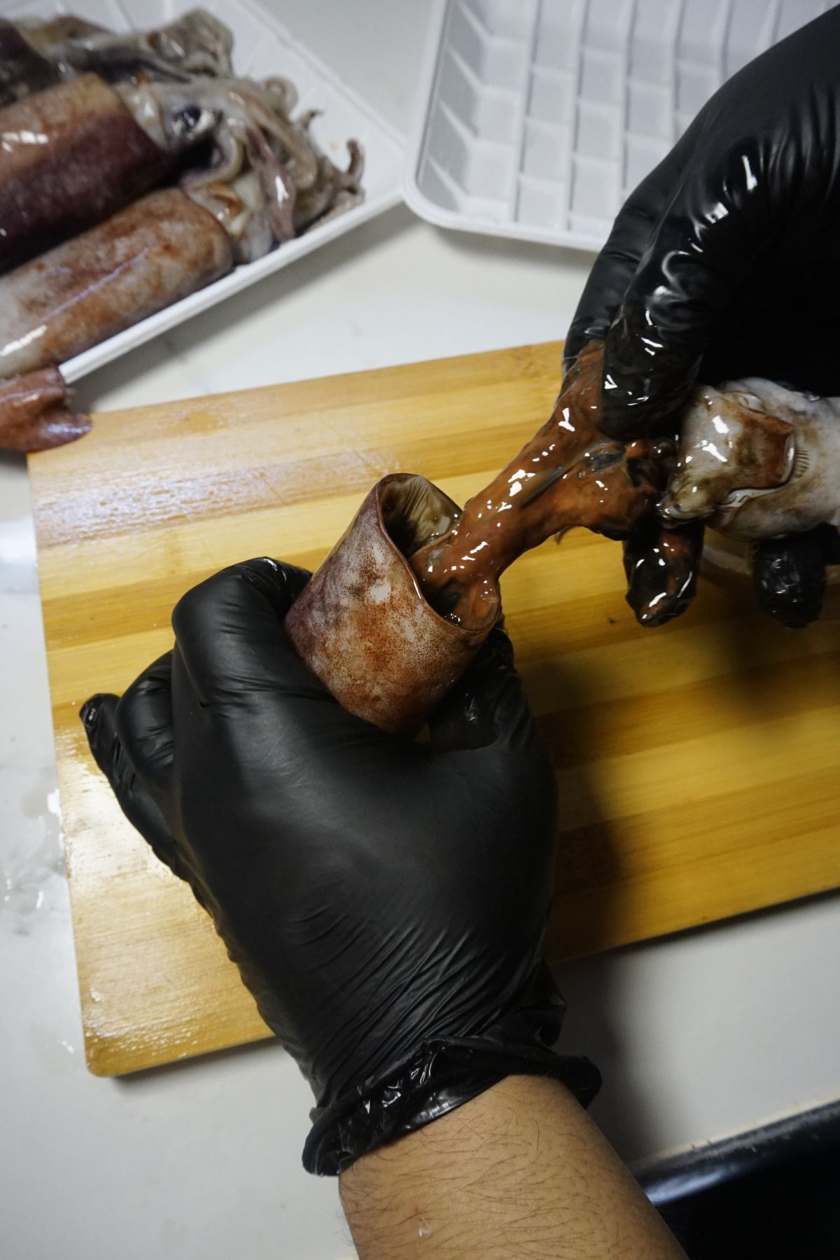 Hand carefully taking out the squid’s ink sac and guts from the body.