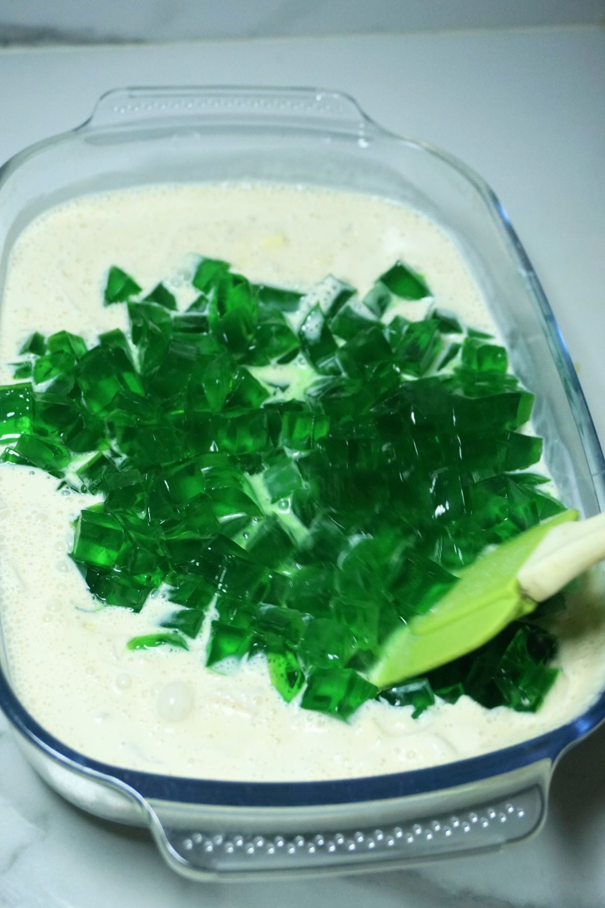 Sliced gulaman mixed with condensed milk and cream
