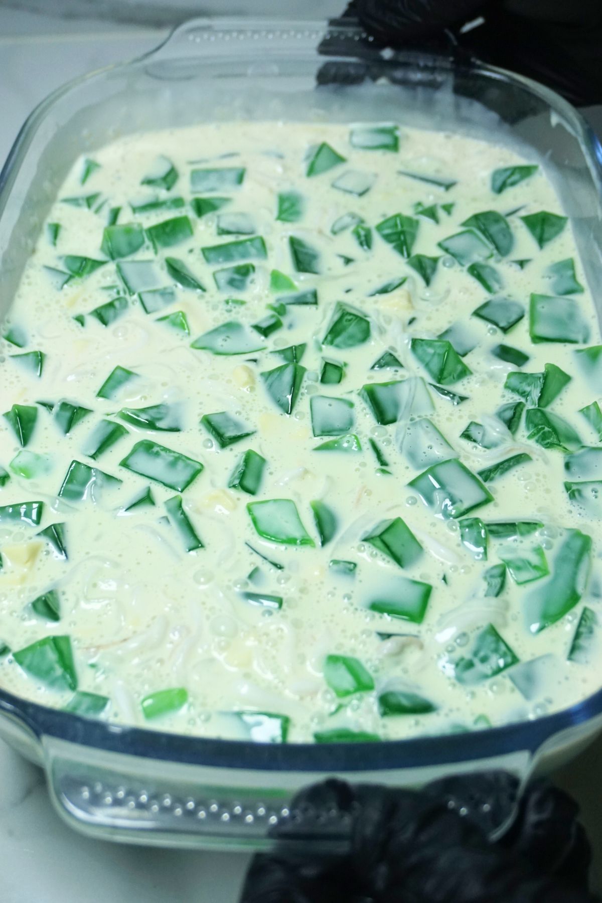 Buko pandan mix in a glass dish