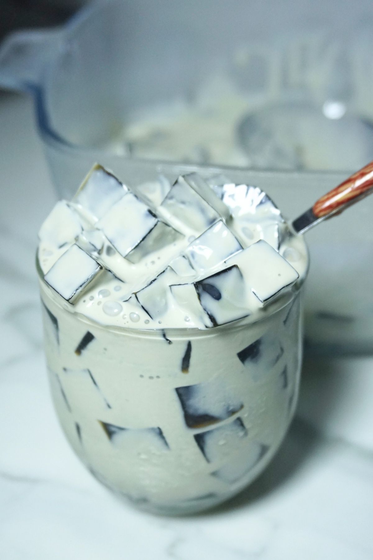 Coffee jelly salad in a glass cup