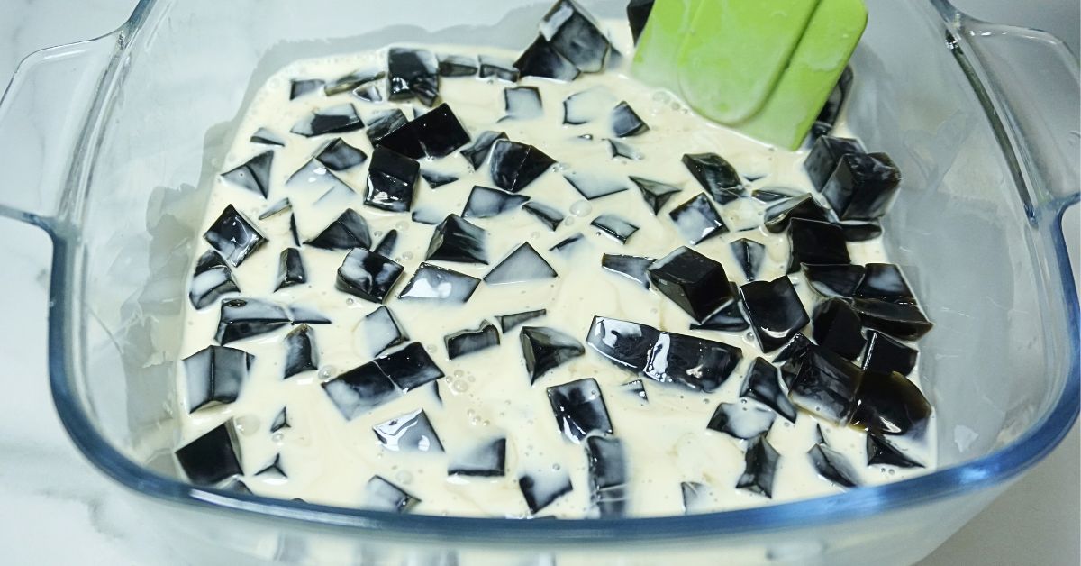 Coffee jelly mixture in a glass dish