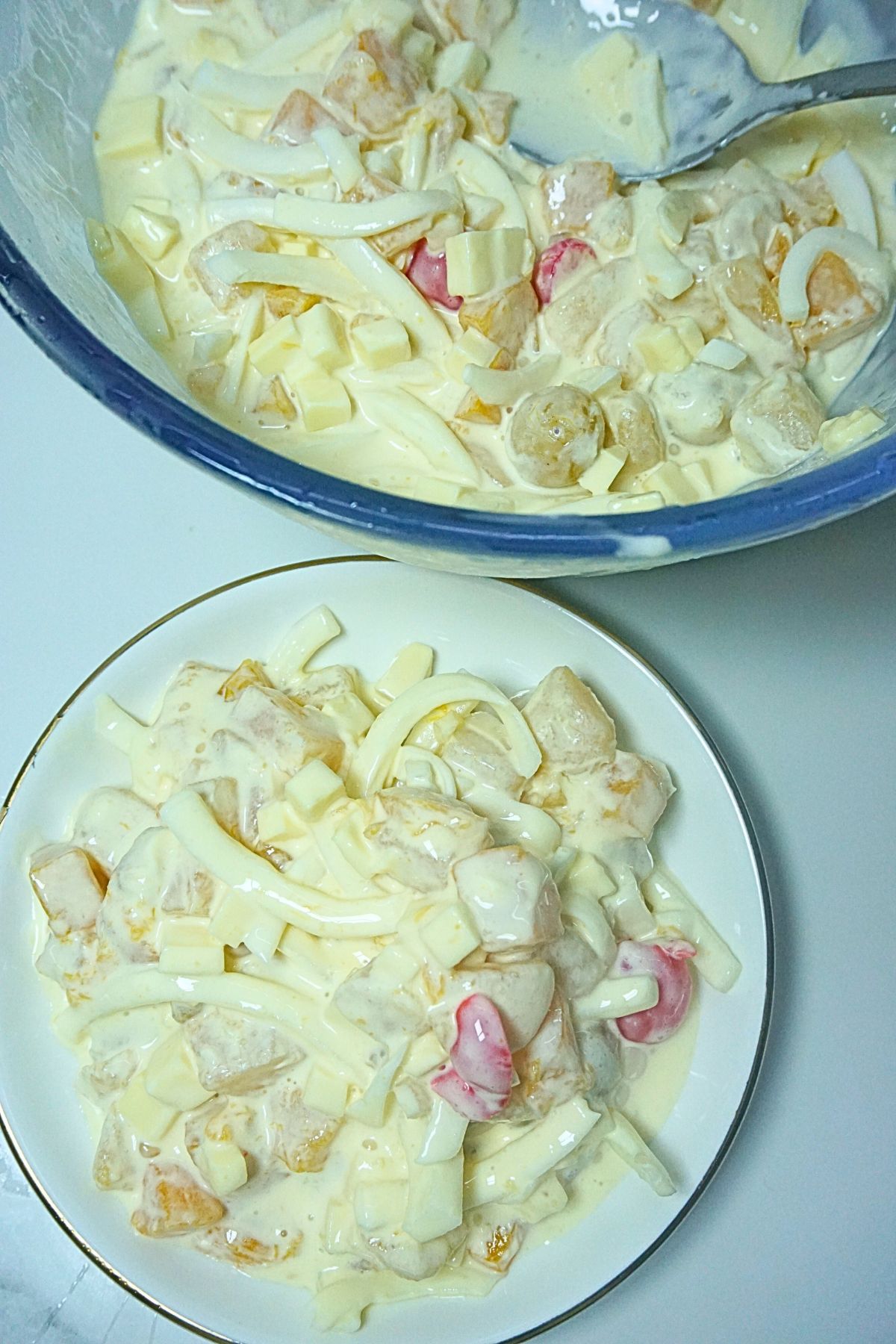 Overhead shot of creamy fruit cocktail salad