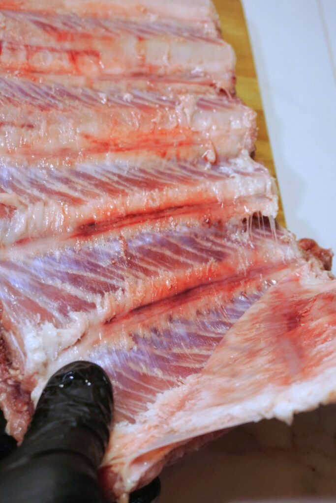 Completely removed membrane from spare ribs slab